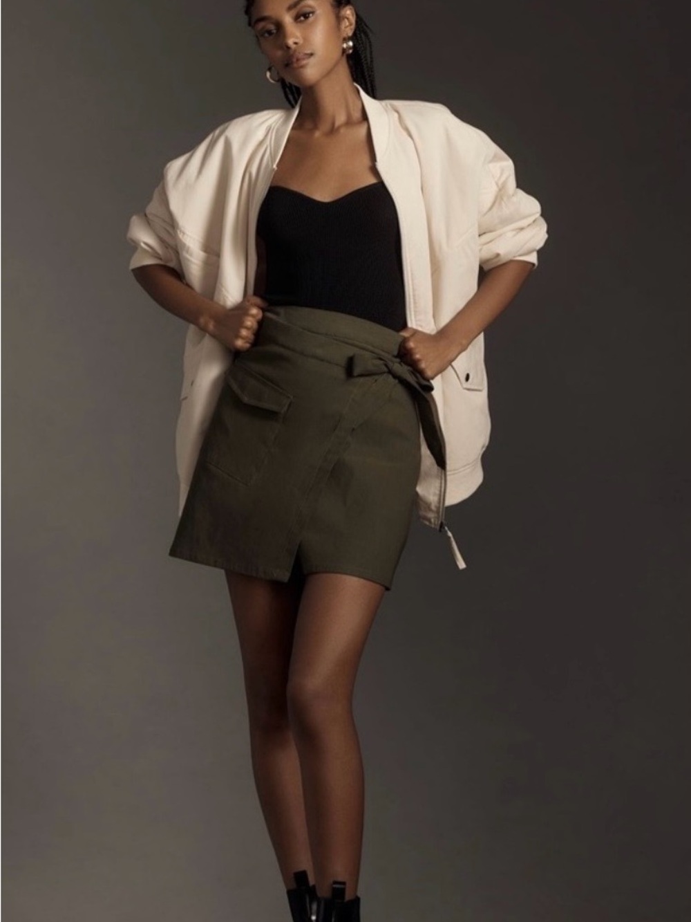 Anthropologie Olive Wrap Midi Skirt with Utility Pocket